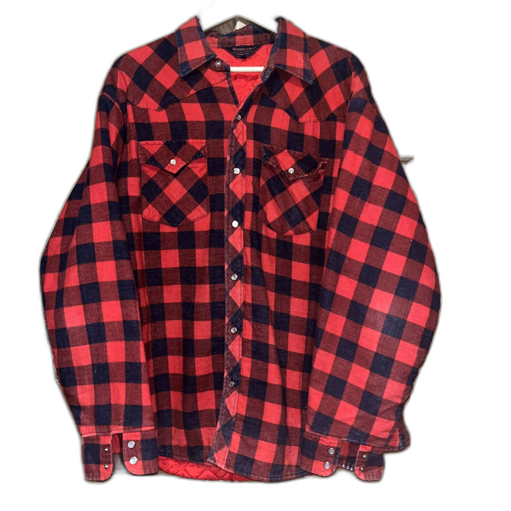 Woodland Vintage Men XL Black Red Lined Quilted Pearl Snap Chore Jacket Shacket